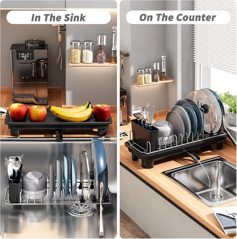 SanDream Small Dish Drying Rack with Removable Utensil Holder & Anti-Scratch Base - Stainless Steel Dish Rack, Dish Drying Rack with Drainage & Space Saving Design for Kitchen Counter, Black - Image 2